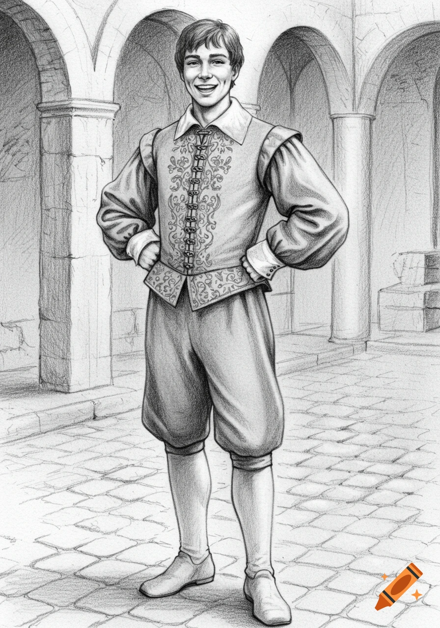 A grey scale pencil drawing of a young man in medieval clothing, smiling, standing in an arched courtyard.