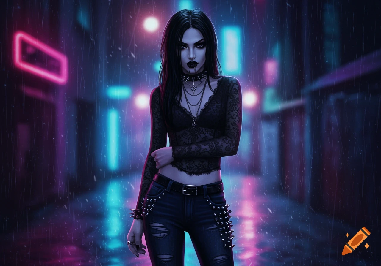 A goth woman with long black hair, dark makeup, and a spiked choker stands in a rainy, neon-lit urban alley at night, wearing a lace top and ripped jeans with studs.