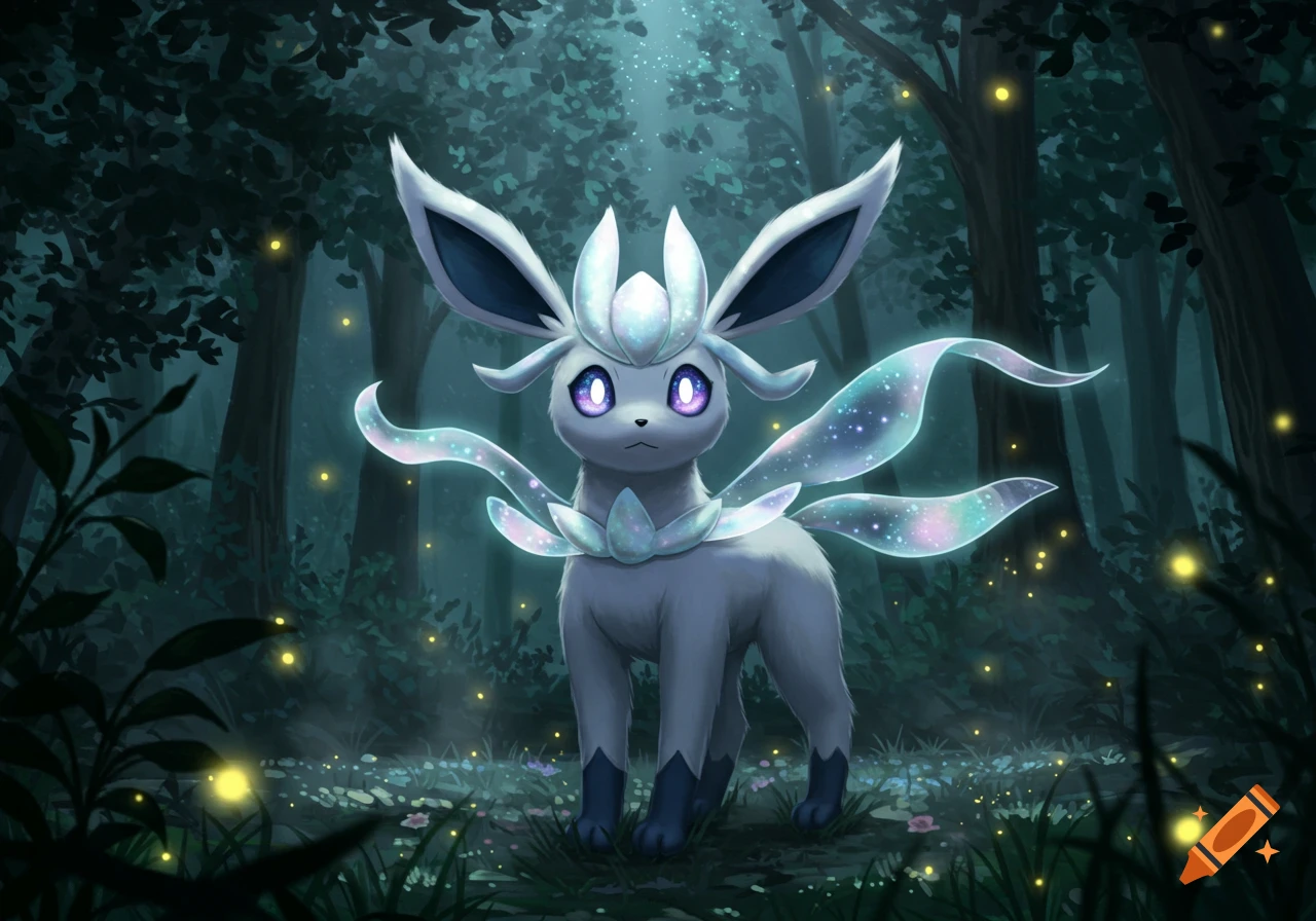 A white and blue fantasy creature resembling a Pokemon stands in a dark, magical forest with glowing fireflies.