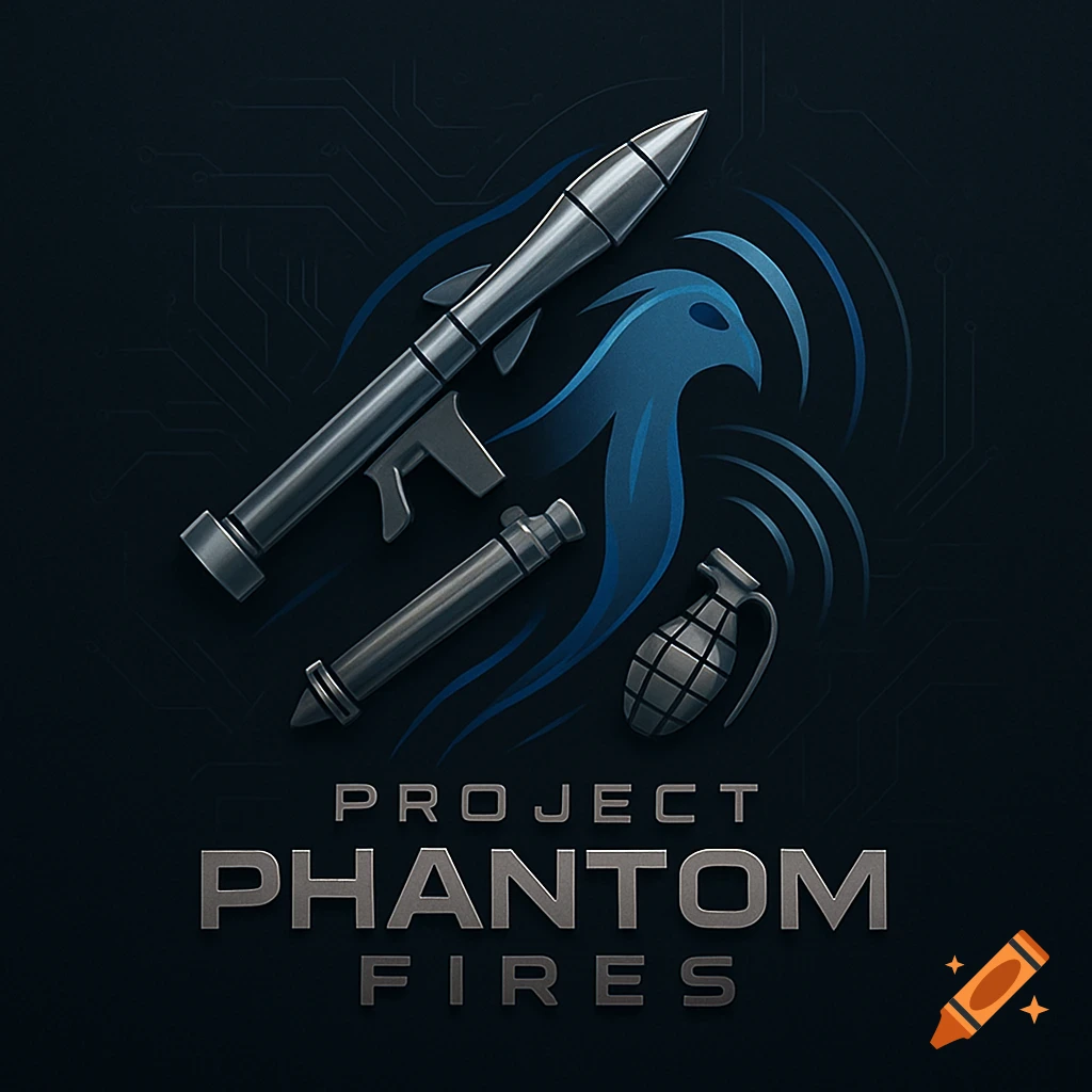 A dark blue program logo features a silver rocket launcher, a silver grenade, and a stylized blue phoenix bird. Text reads "PROJECT PHANTOM FIRES".