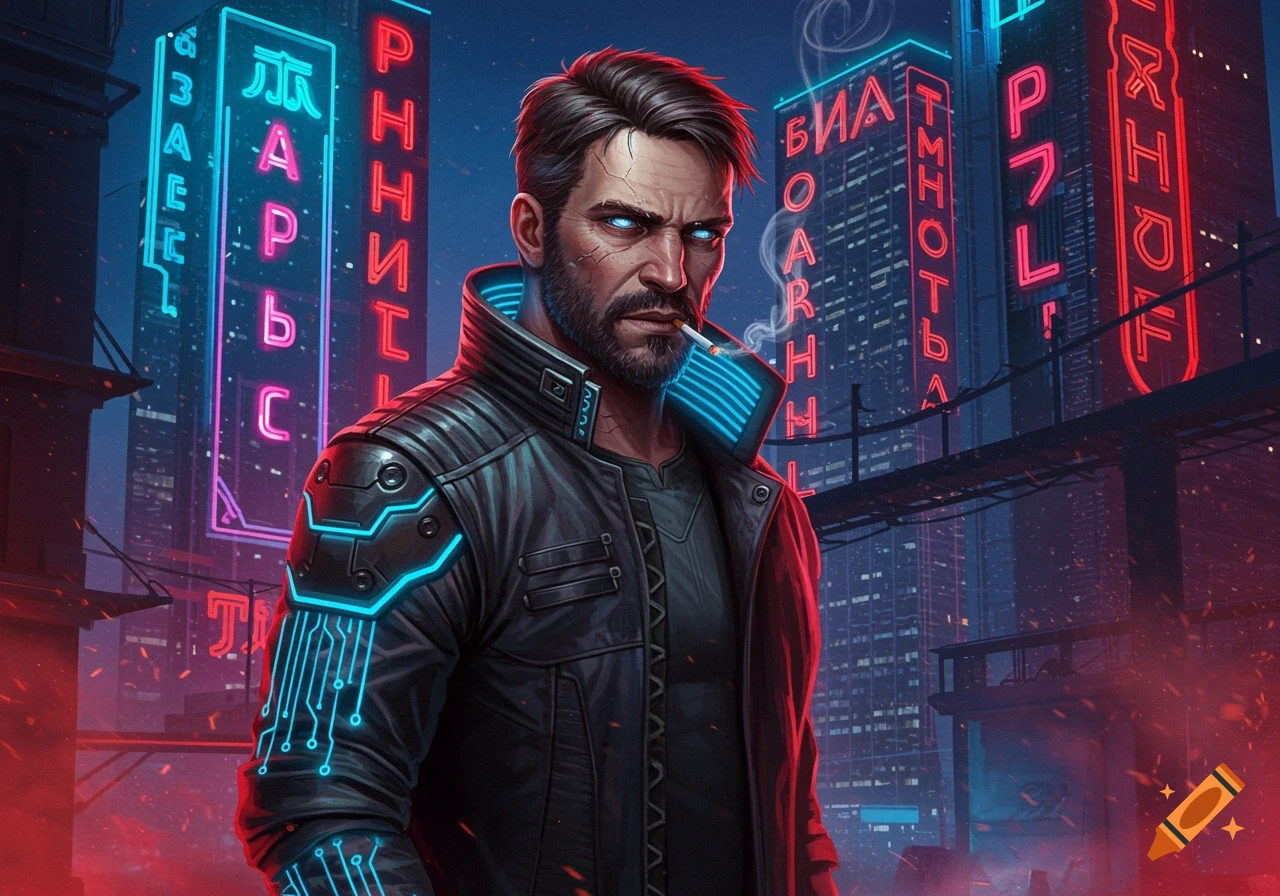 A bearded man with glowing blue eyes smokes a cigarette in a cyberpunk city at night, wearing a futuristic black leather jacket with blue neon accents. Digital art.