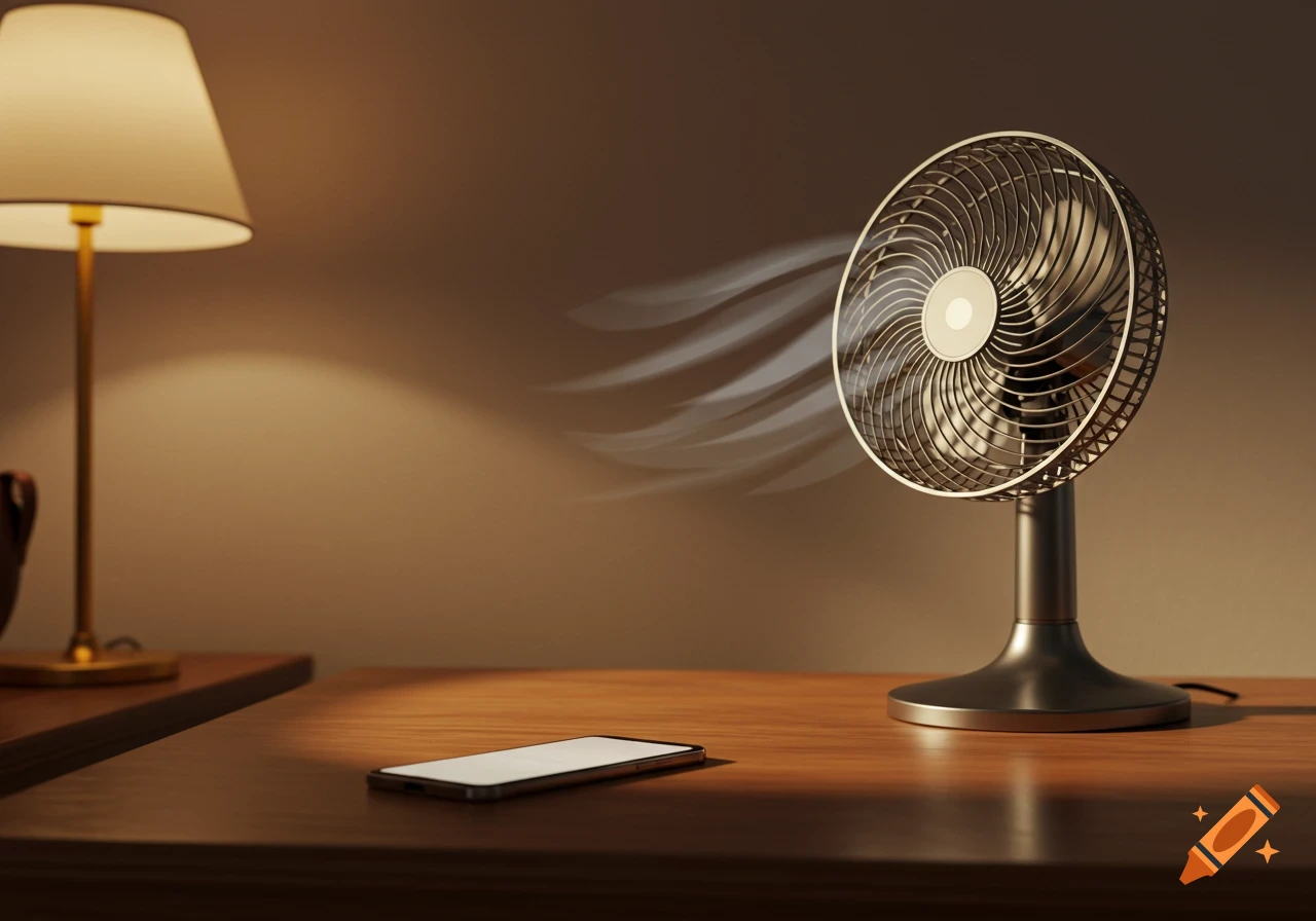 A desk fan blows air towards a smartphone on a wooden table, with a lamp in the background. Photorealistic style.