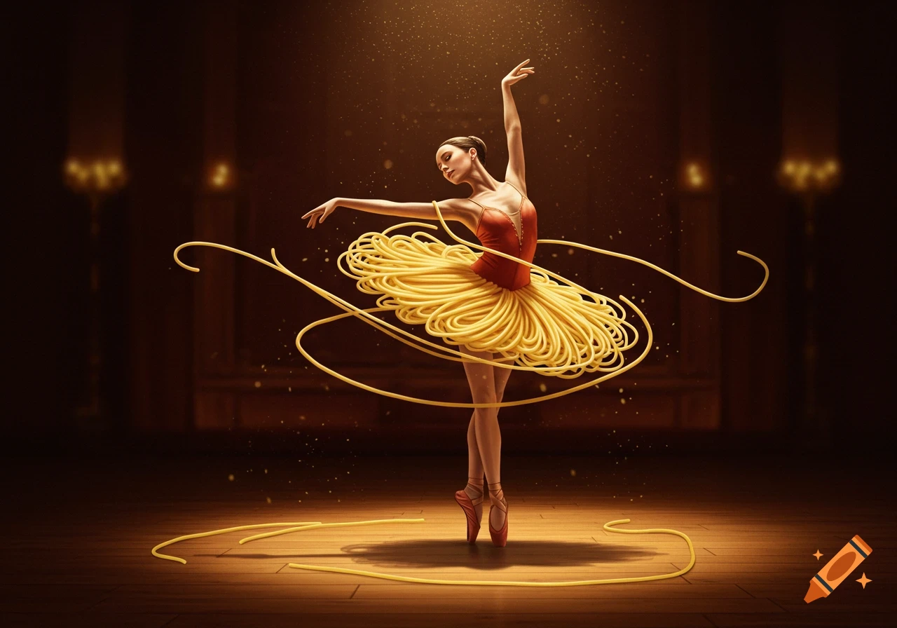 A ballerina in a red leotard with a voluminous spaghetti skirt dances on a stage under a golden spotlight.