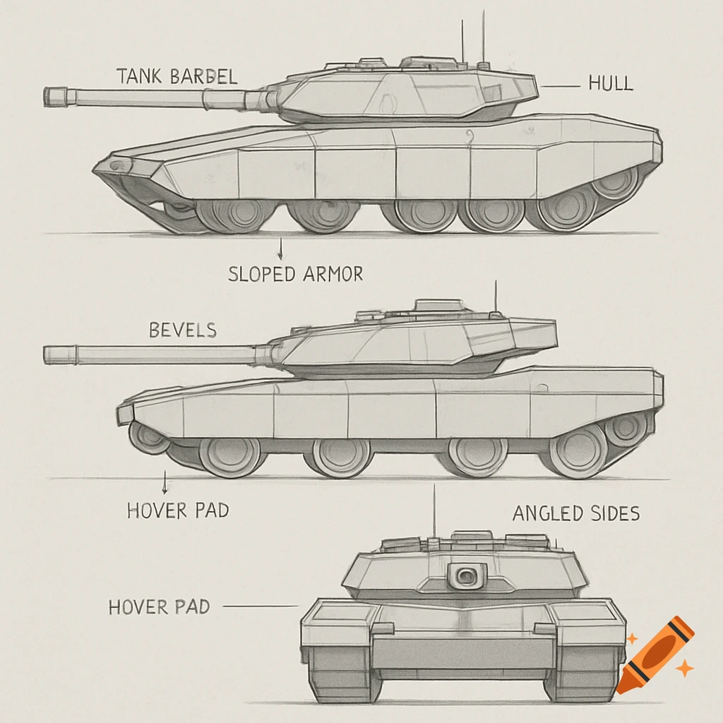 Blueprint-style concept sheet of a sci-fi hover tank with labeled parts, in three views: side, side, and front.