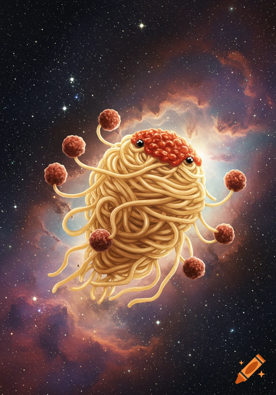 A vibrant illustration of the Flying Spaghetti Monster, made of spaghetti with meatballs and eyes, floating in outer space against a colorful nebula.