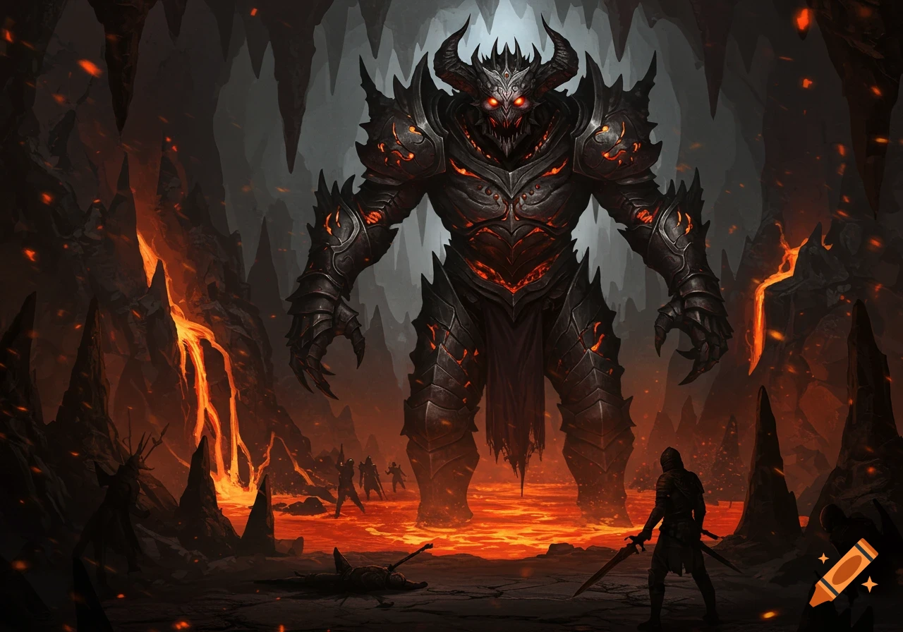 A massive, horned demon in dark armor stands in a fiery cave, confronting a small warrior.