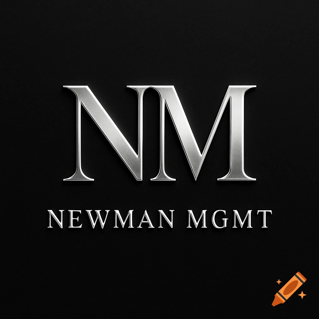 A silver metallic logo with the letters 'NM' above 'NEWMAN MGMT' on a black background.