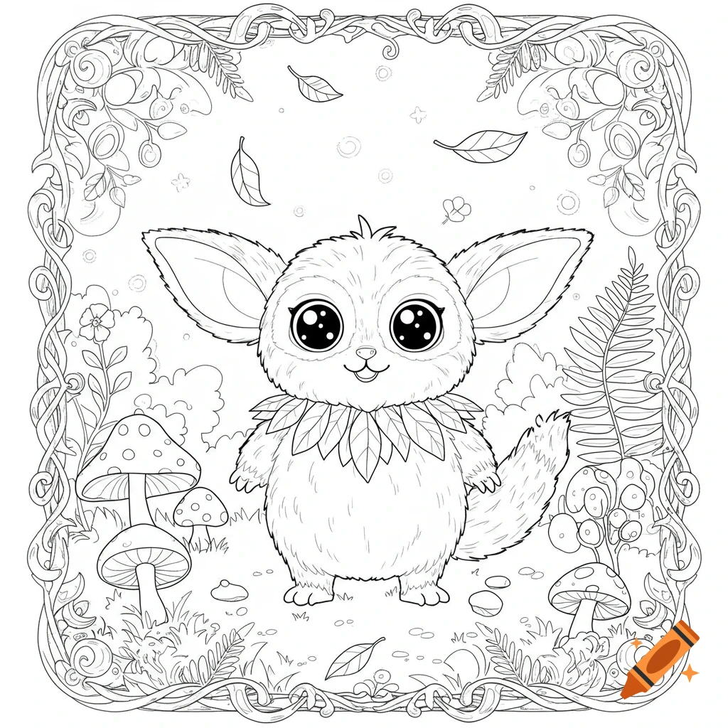 A black and white coloring page of a cute, big-eyed furry creature with large ears and a leaf collar in a whimsical forest with mushrooms and vines, surrounded by an ornate frame.