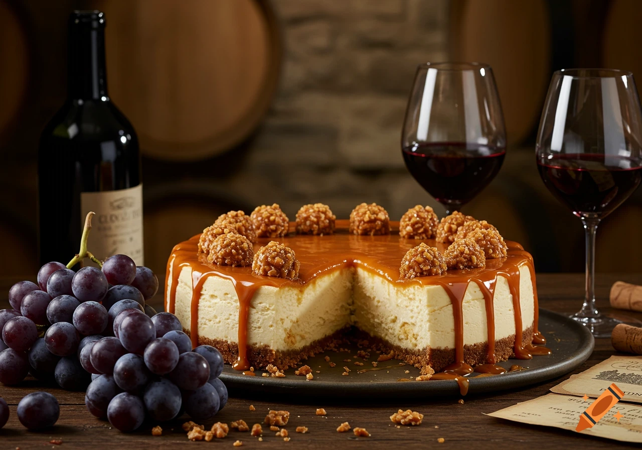 A photorealistic image of a bourbon salted caramel cheesecake with pralines, grapes, a wine bottle, and two wine glasses, set in a barrel cellar.
