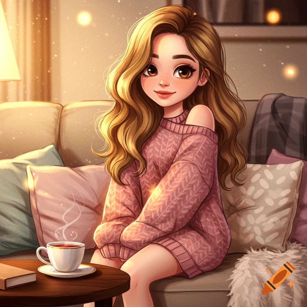 Cartoon girl with long brown hair wearing a pink sweater, sitting on a sofa with a cup of tea in a warm, softly lit room.