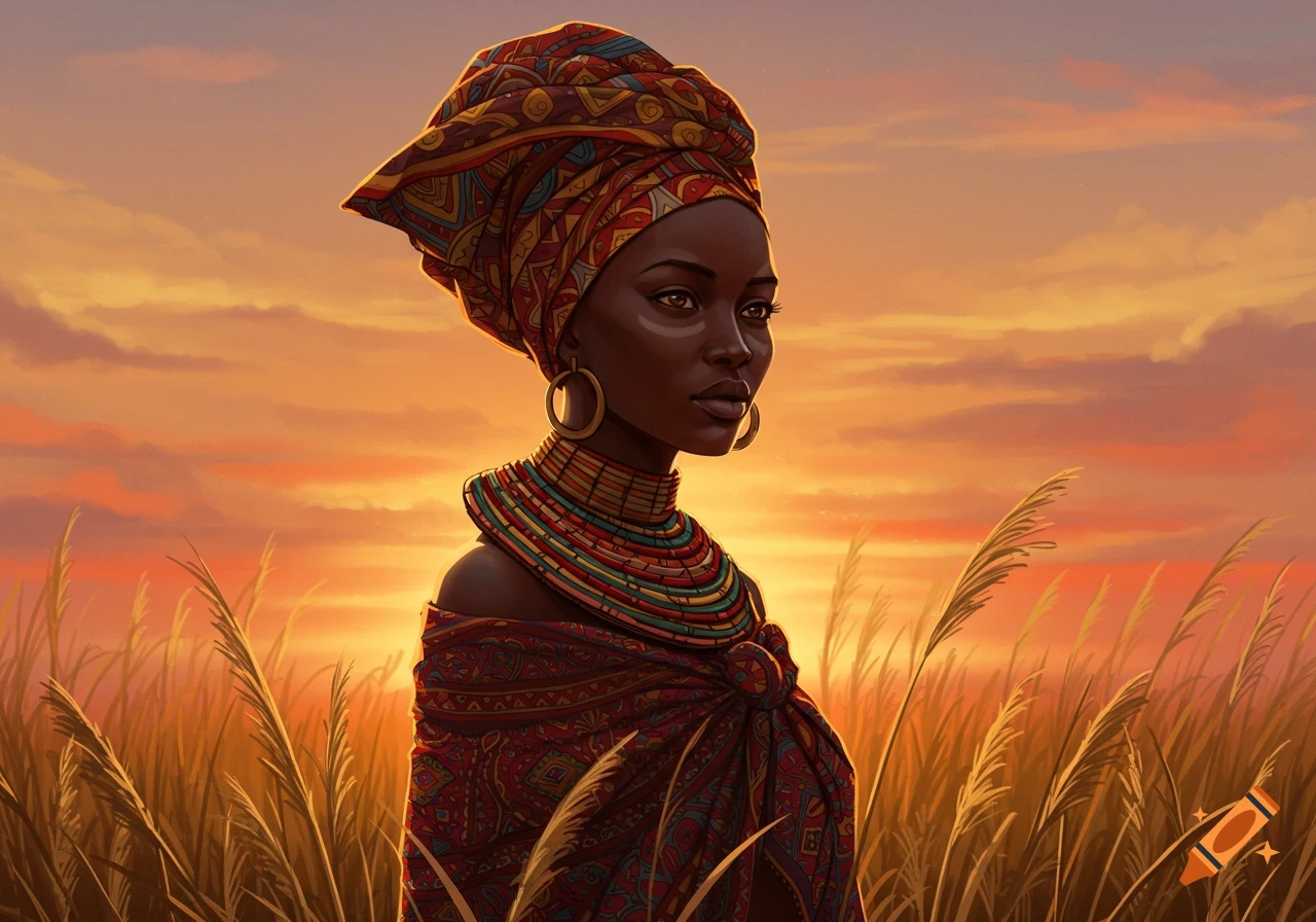Digital painting of an African woman in a colorful headwrap and beaded necklace, standing in a field at sunset.