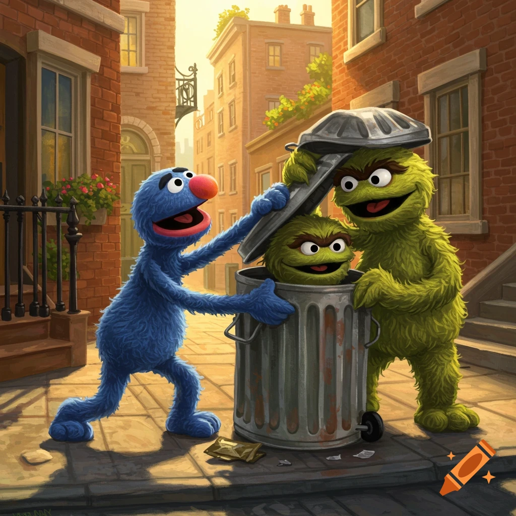 Grover pulls Oscar the Grouch from his trash can on a sunny city street, with Oscar holding the trash can lid.