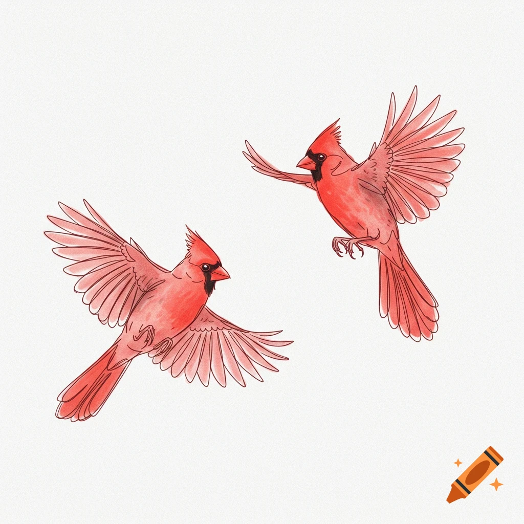 Two red cardinals flying in a minimalist fine line illustration style on a white background.