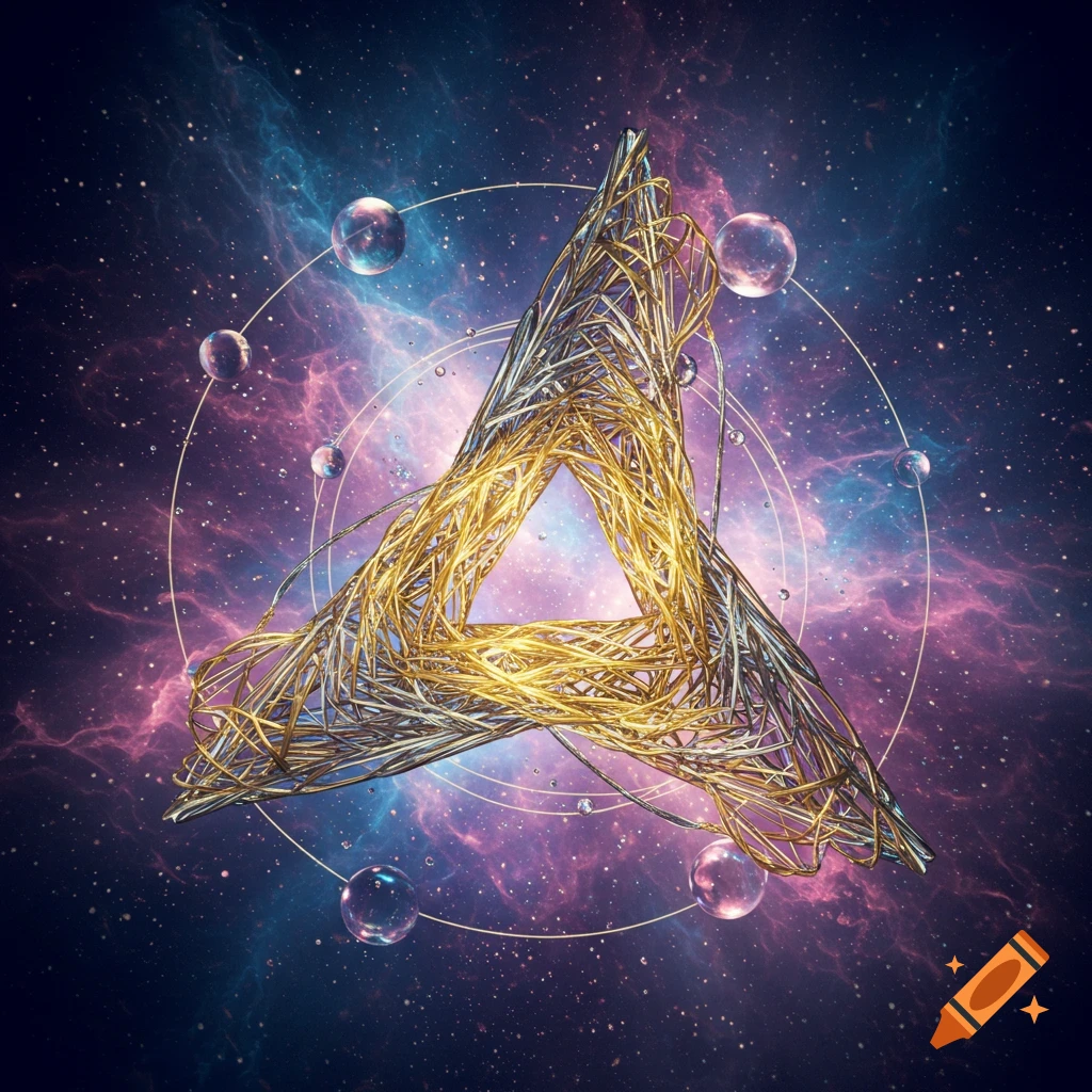 A complex woven golden and silver metallic triangle against a purple and blue cosmic nebula with orbiting bubbles.