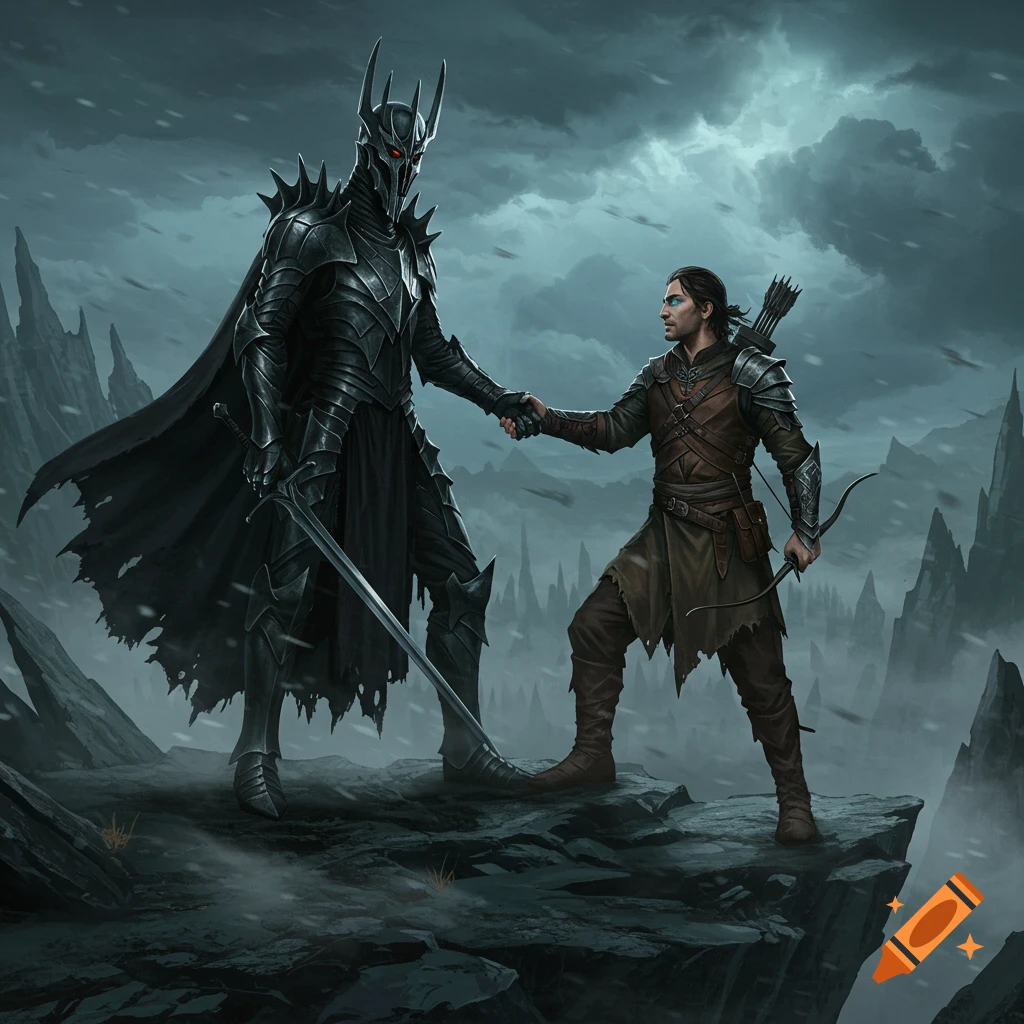 A dark lord in spiky black armor and a human adventurer in leather shake hands on a mountain peak in a stormy fantasy landscape.