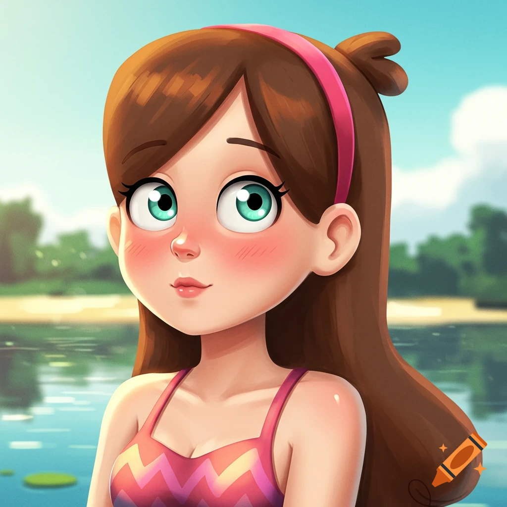 Cartoon portrait of Mabel Pines with brown hair, green eyes, and a pink headband, wearing a zigzag swimsuit by a lake.