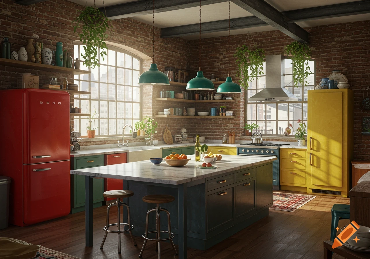 A bright, colorful kitchen in an NYC loft apartment, featuring a red refrigerator, yellow pantry, and a large central island with stools.