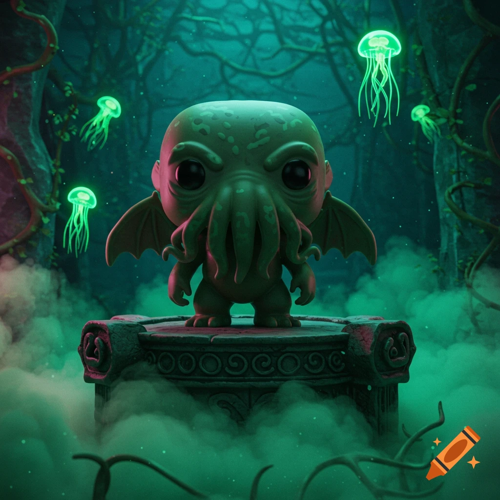 A stylized Funko Pop Cthulhu figure stands on a stone pedestal in a dark, misty forest with glowing green jellyfish.