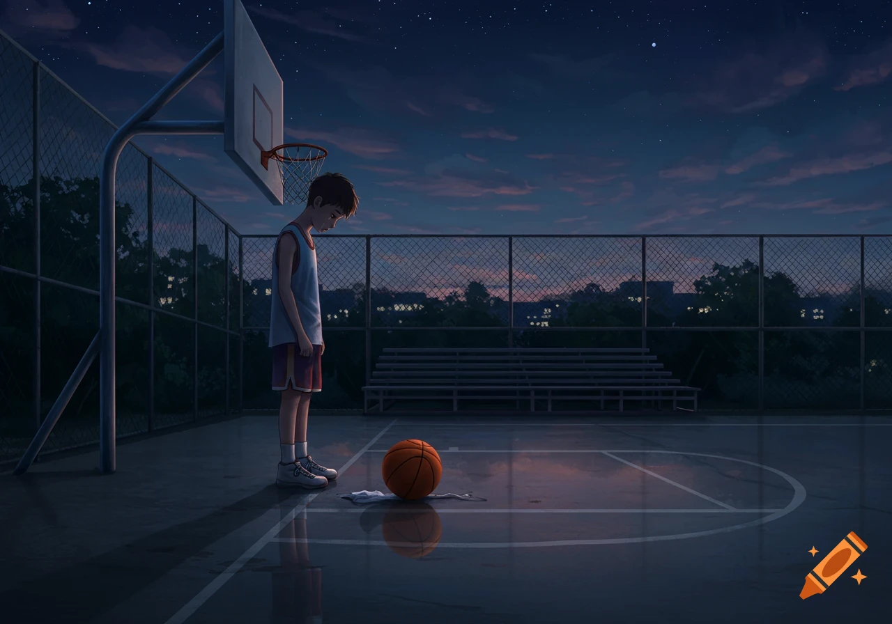 A sad anime boy stands on a basketball court at night with a basketball on the wet ground.