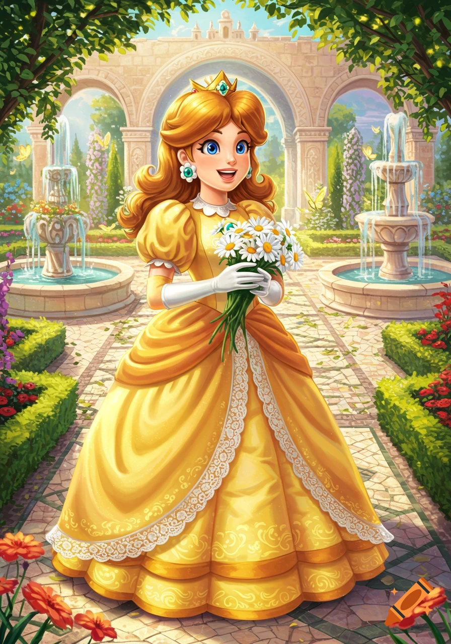 Princess Daisy smiles, holding a bouquet of daisies in a vibrant digital art garden with fountains and arches.