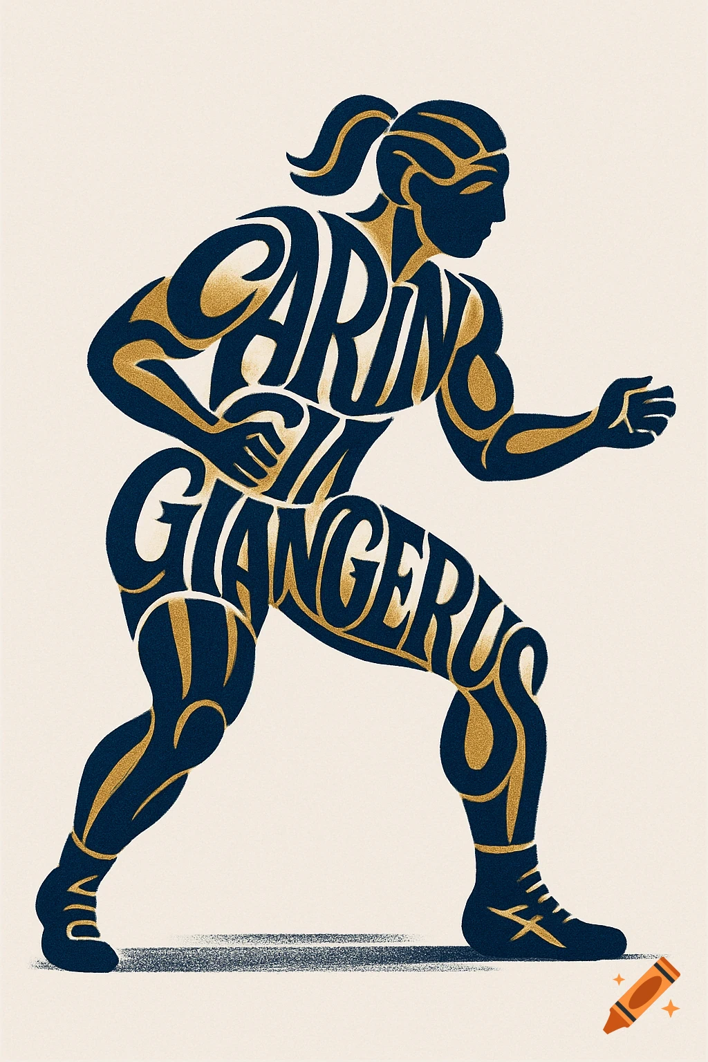 A stylized illustration of a female Olympic wrestler formed by the words 'Carina Giangeruso' in a dark blue and gold color scheme.