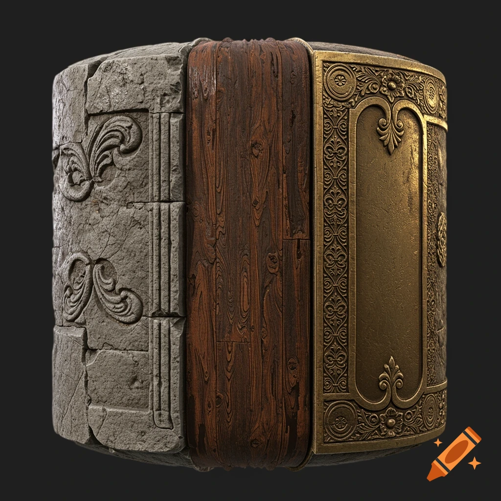 A cylindrical object showcasing three detailed material textures: ornate carved grey stone, dark brown wood planks, and embossed gold metal.