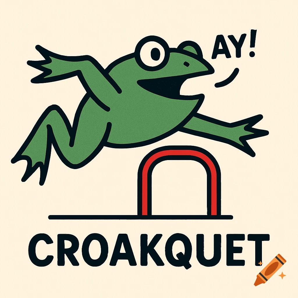 A whimsical green cartoon frog with black outline jumping over a red and black croquet wicket, saying 'AY!' and with 'CROAKQUET' text below.
