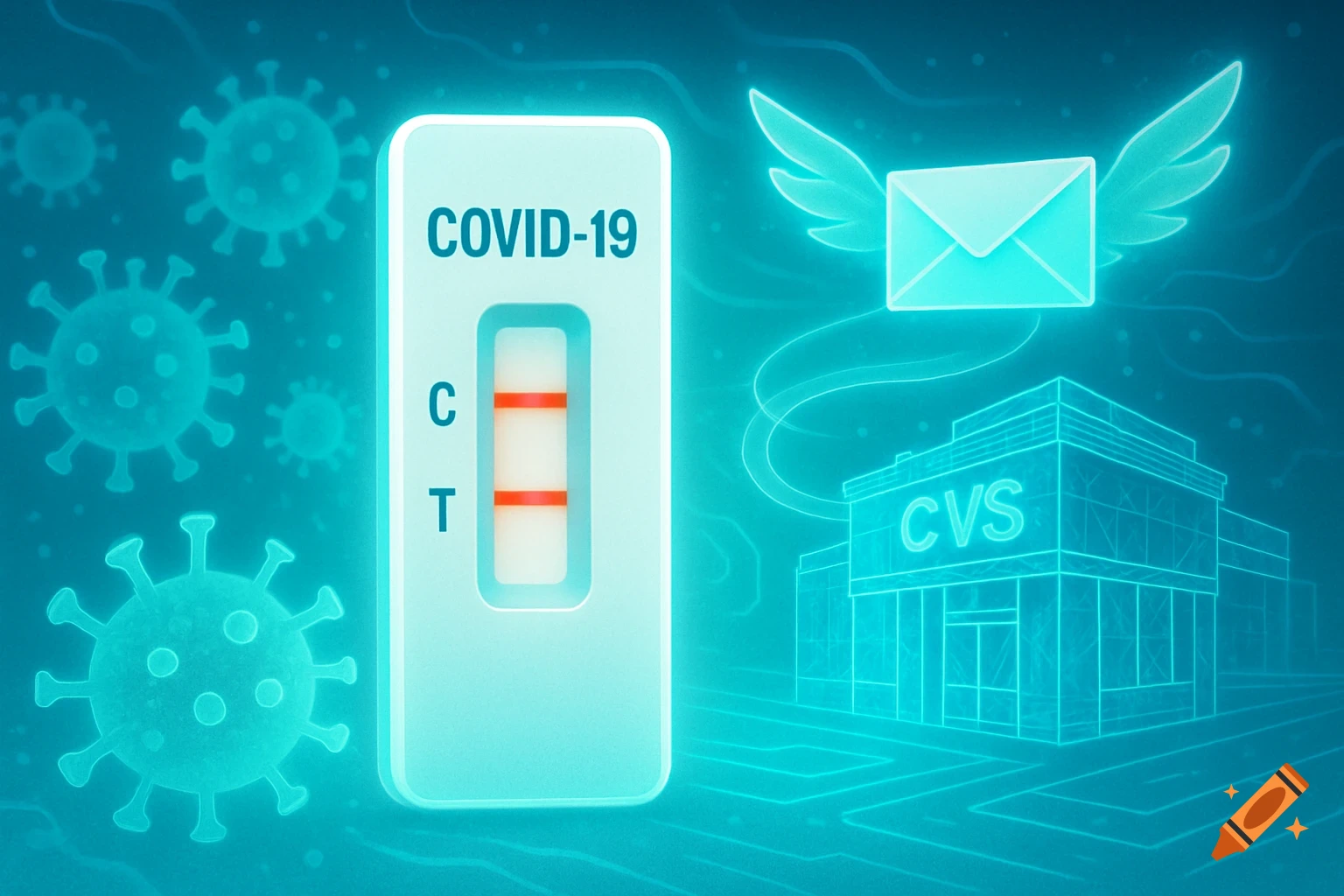 A glowing teal illustration shows a positive COVID-19 rapid test kit, a winged email icon, and a CVS pharmacy building outline, with virus particles in the background.