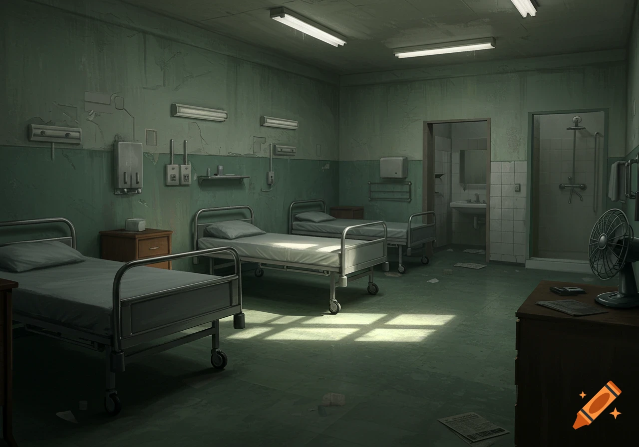 An old, dilapidated hospital room with three empty beds, green peeling walls, and an attached bathroom with a shower.