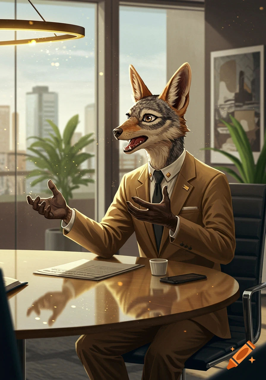 An anthropomorphic jackal in a business suit sits at a conference table, gesturing and talking in a modern office.