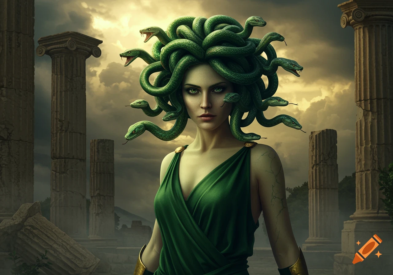 Photorealistic portrait of Medusa with green snakes for hair, wearing a green toga, standing among ancient ruins under a cloudy sky.