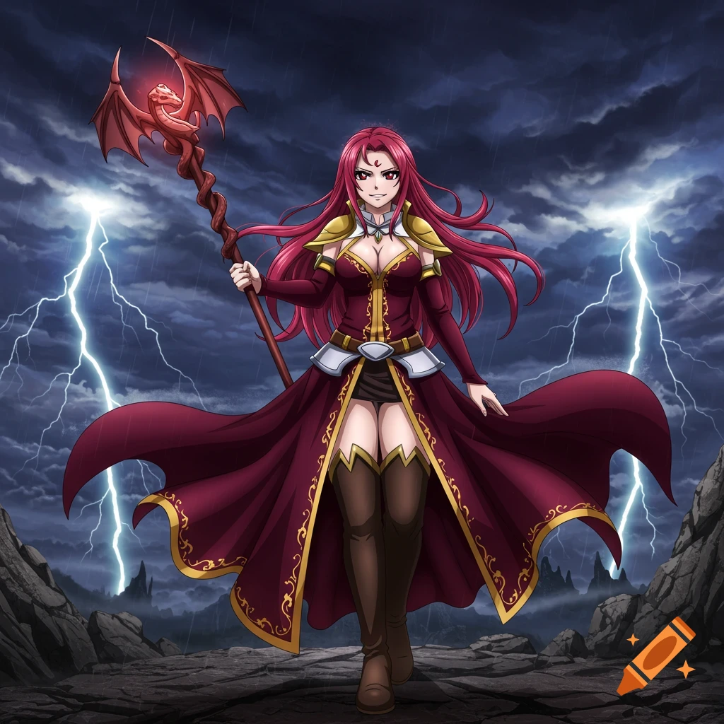Anime-style female character with long red hair in a dark red gown, holding a dragon-headed staff, standing in a stormy, lightning-filled landscape.