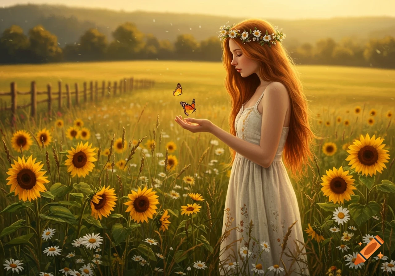 A red-haired woman wearing a flower crown stands in a sunflower field at sunset, two butterflies resting on her open palm.