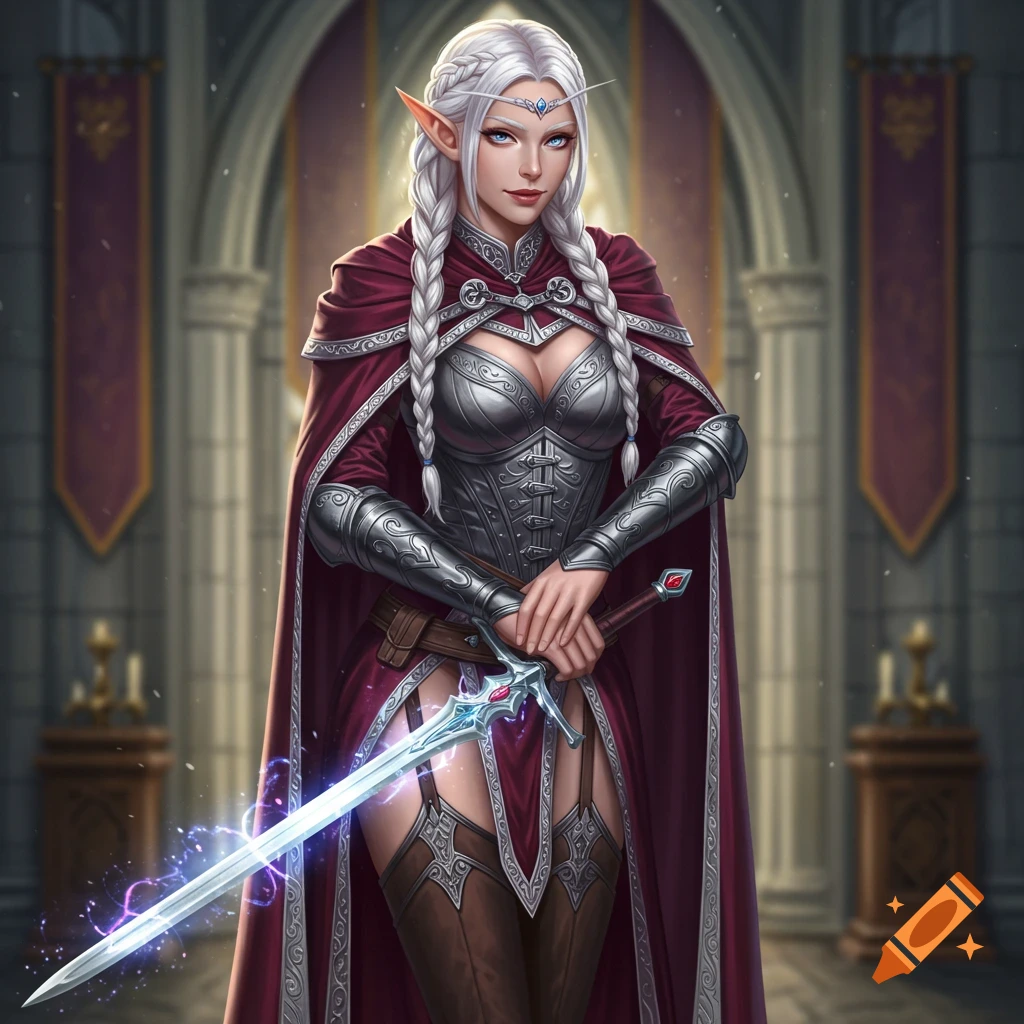 A female elf warrior with long braided platinum blonde hair, wearing a red and silver armor, holding a glowing sword in a medieval castle.