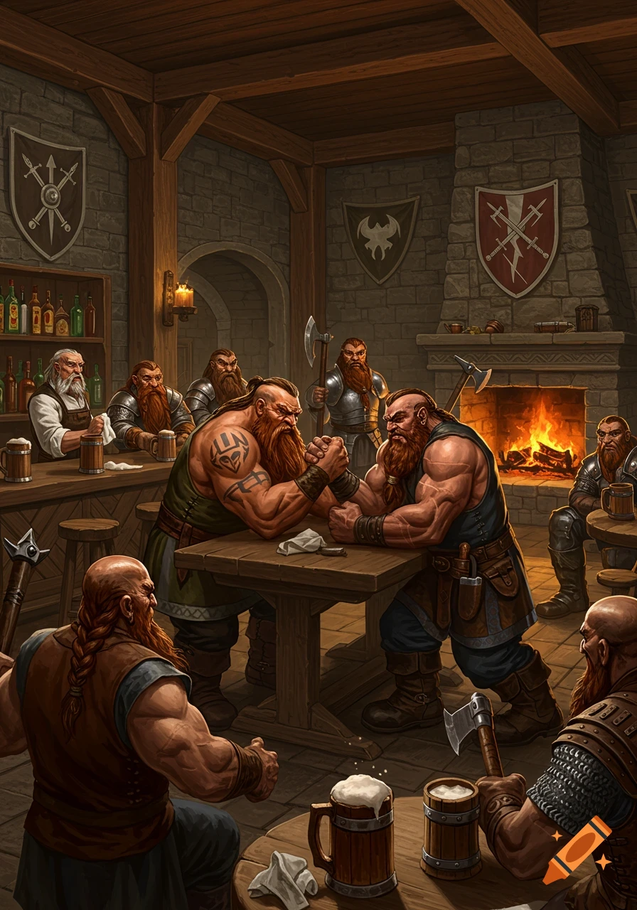 A group of burly, bearded dwarves in a rustic stone tavern, one pair arm wrestling at a wooden table while others drink ale and watch, with a fireplace in the background.