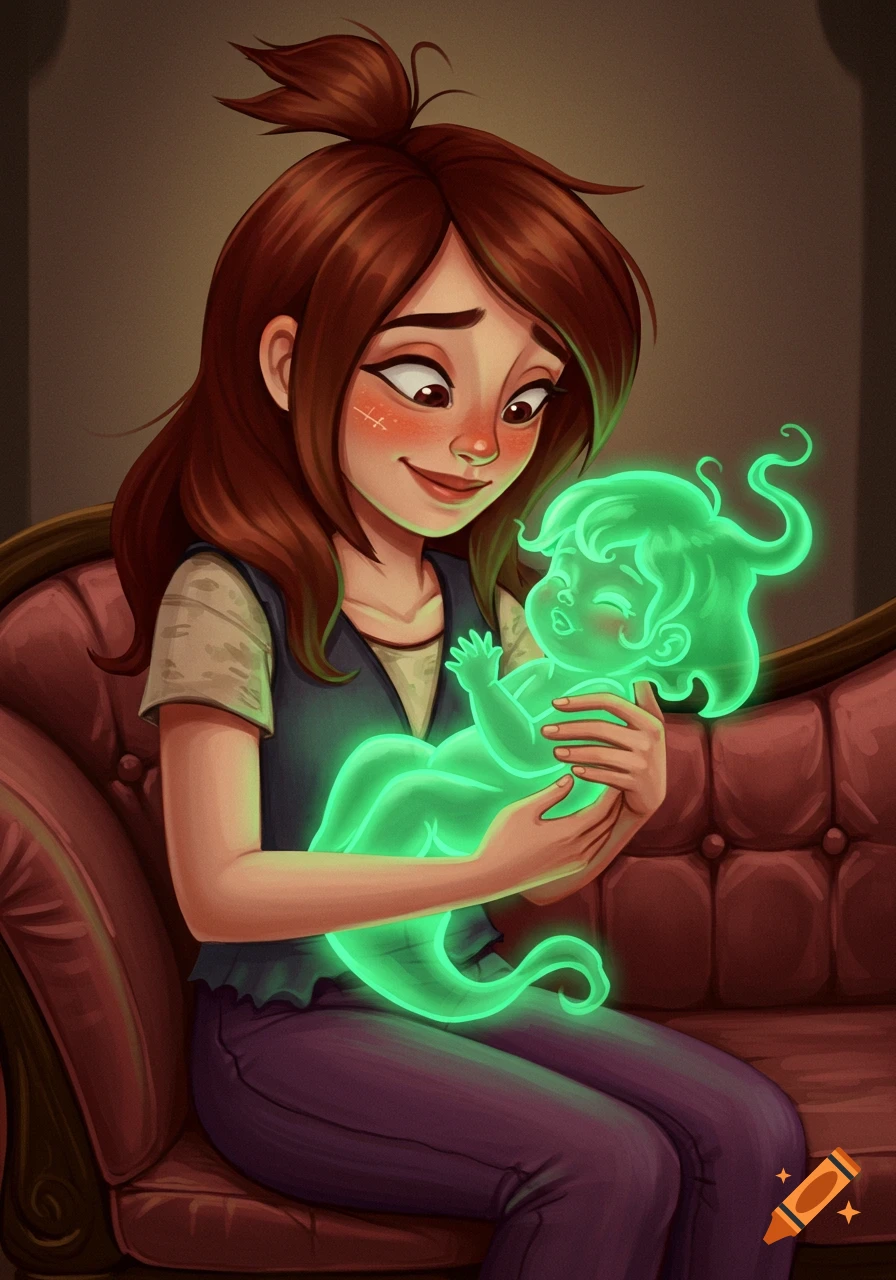 A brown-haired cartoon girl sits on a red sofa, tenderly holding a glowing green ghost baby with curly hair.