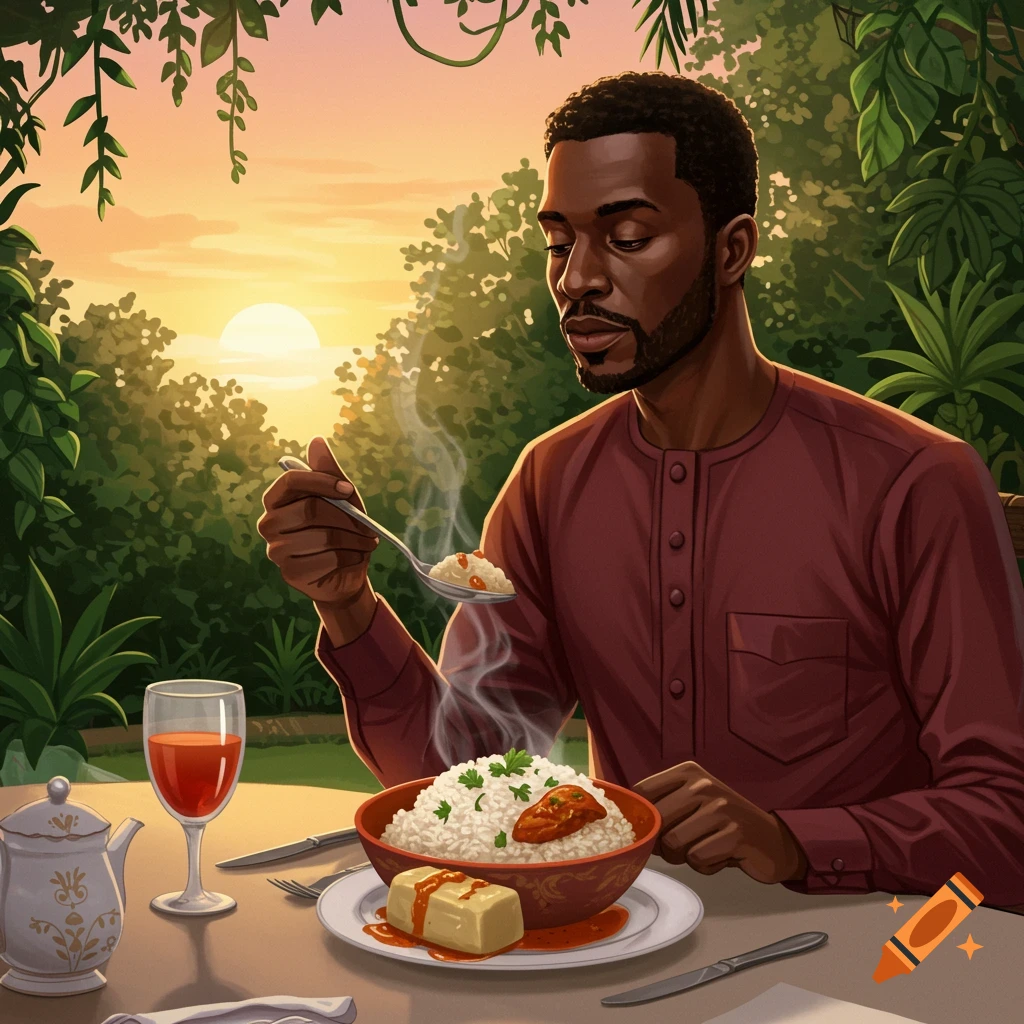 An illustration of a Black man eating a meal of rice and a side dish at an outdoor table during sunset, surrounded by lush green foliage.
