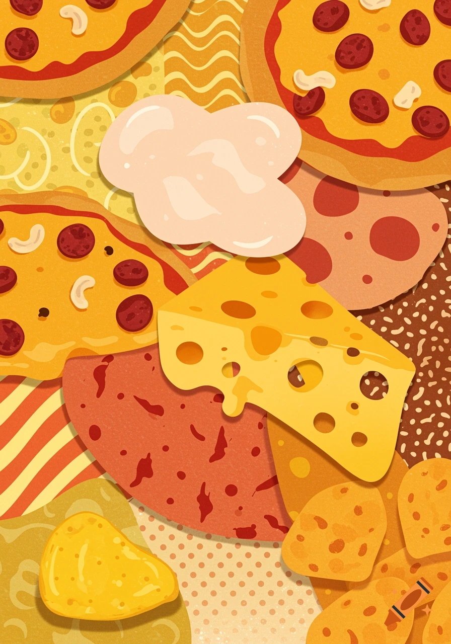 An illustrated top-down view of food items including pizza, cheese, and chips with abstract patterns.