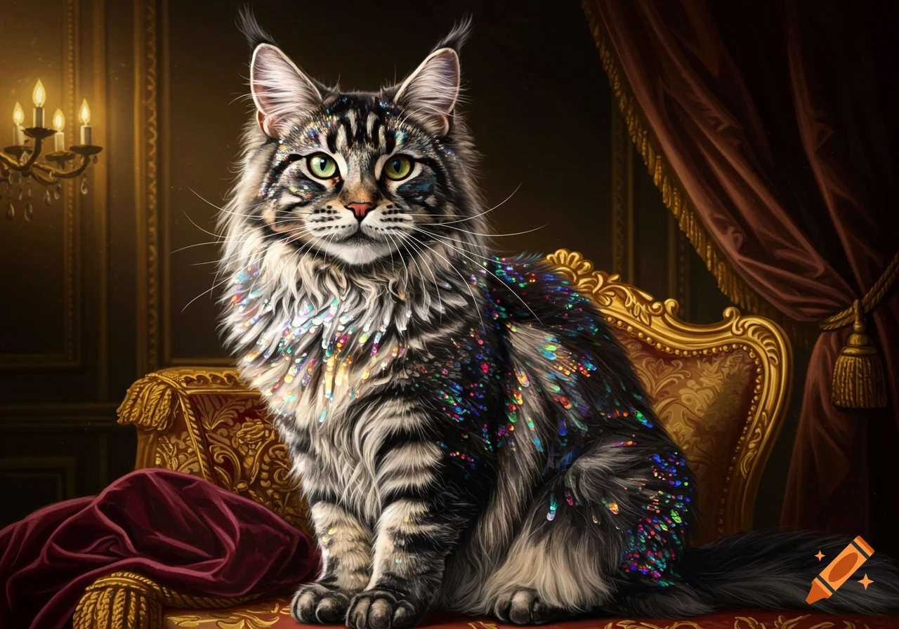 A majestic Maine Coon cat covered in iridescent sequins sits on an ornate gold and red chair in a regal room.