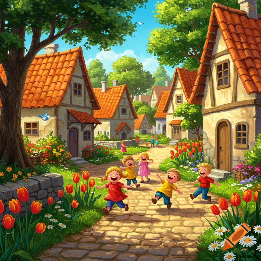 Vibrant illustration of happy children playing on a cobblestone path in a cheerful village with colorful flowers and quaint houses.