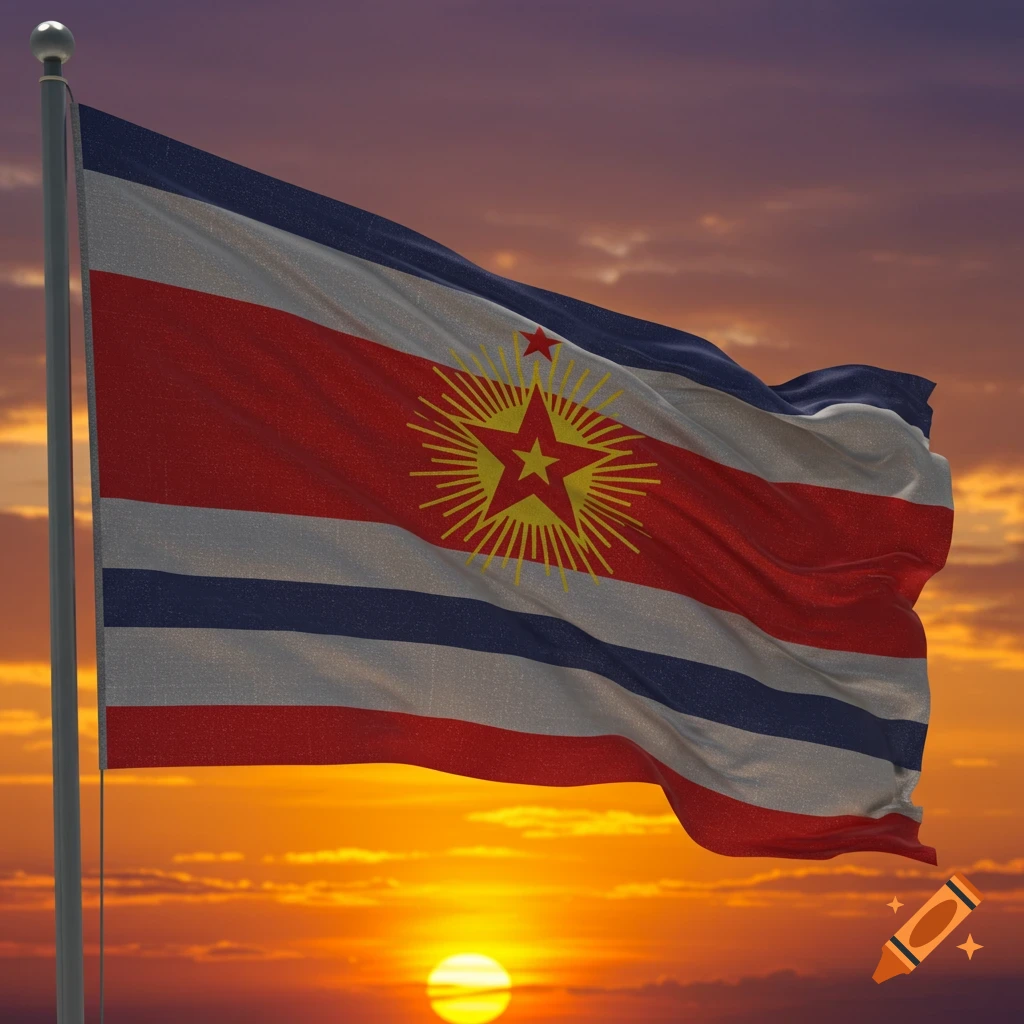 A flag with red, white, and blue stripes and a central red star with yellow rays, flying against a dramatic sunset sky.