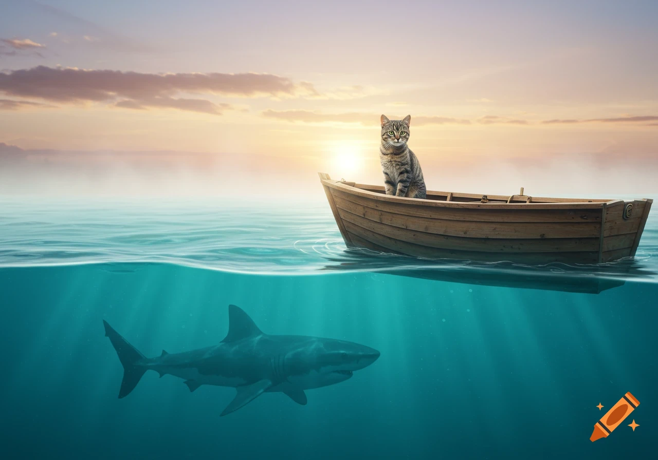 A tabby cat sits in a small wooden boat on the ocean surface at sunset, while a shark swims beneath the water.