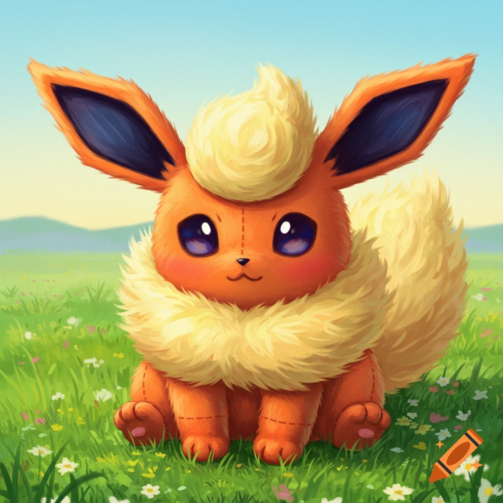 A fluffy orange Flareon plushie sits in a grassy field with small white and yellow flowers.
