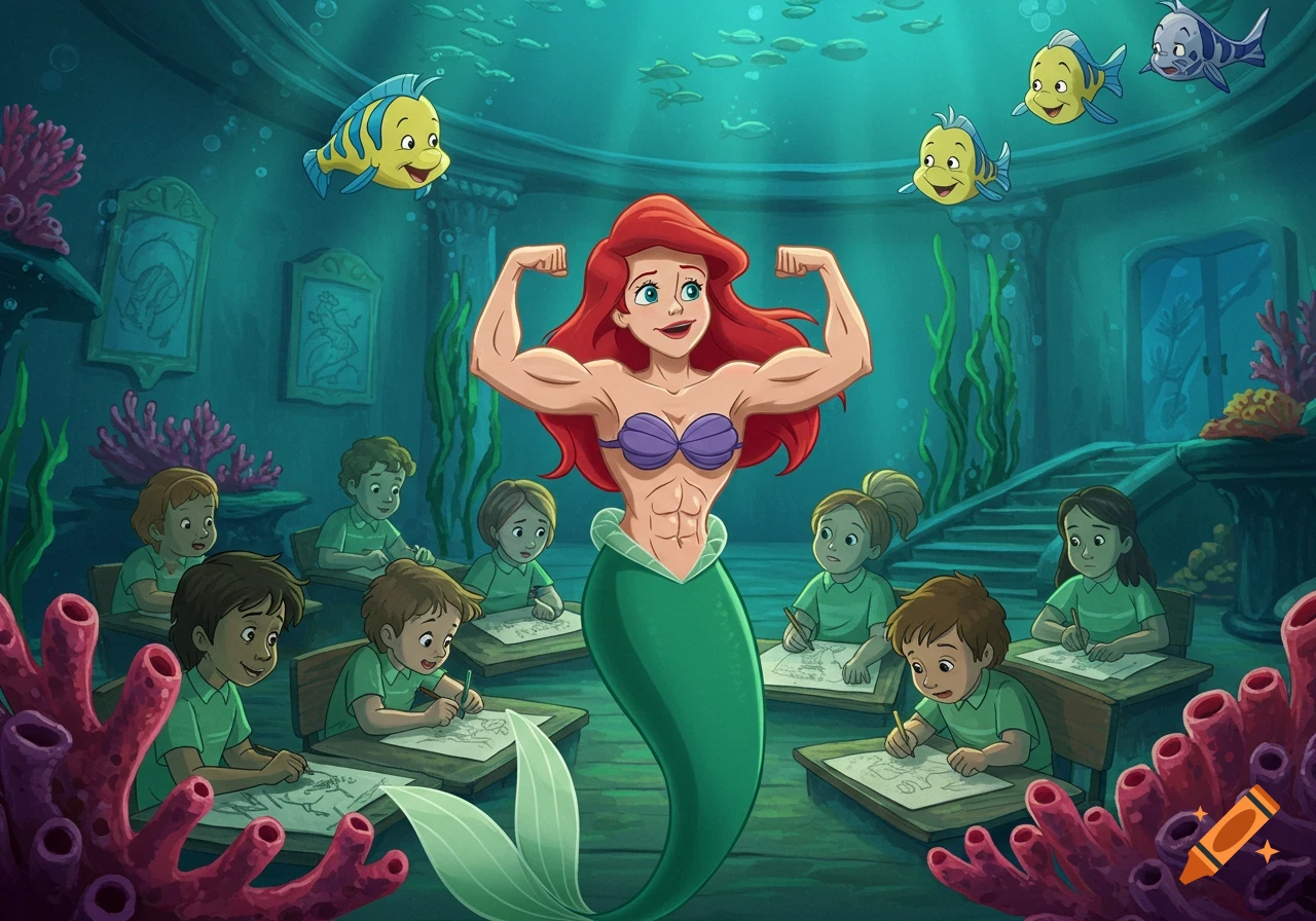 Ariel the Little Mermaid, with an athletic build, flexes her muscles in an underwater classroom while surrounded by young students sketching, in a 2D Disney animation style.