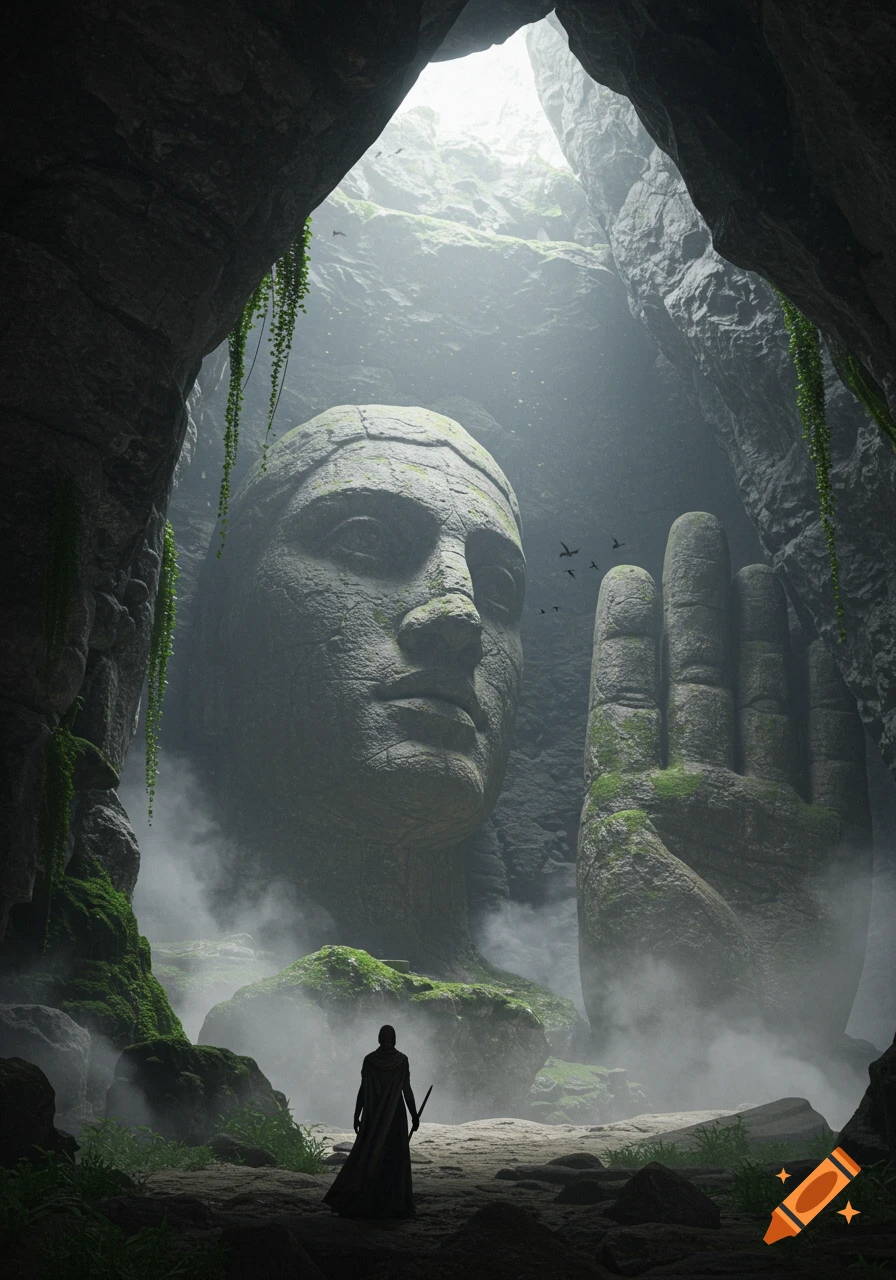 A lone figure stands before colossal stone statues of a head and hand in a misty, illuminated underground cave.