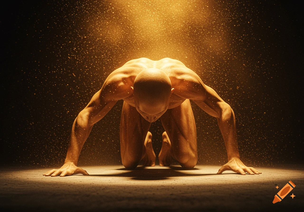 A bald, muscular figure kneels on hands and knees under a dramatic golden light with sparkling particles.