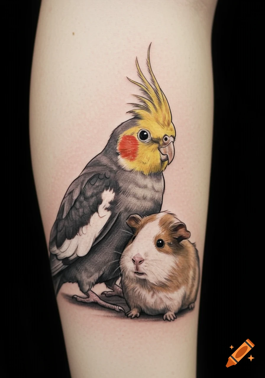 A detailed tattoo on a leg features a grey and yellow cockatiel standing next to a brown and white guinea pig.