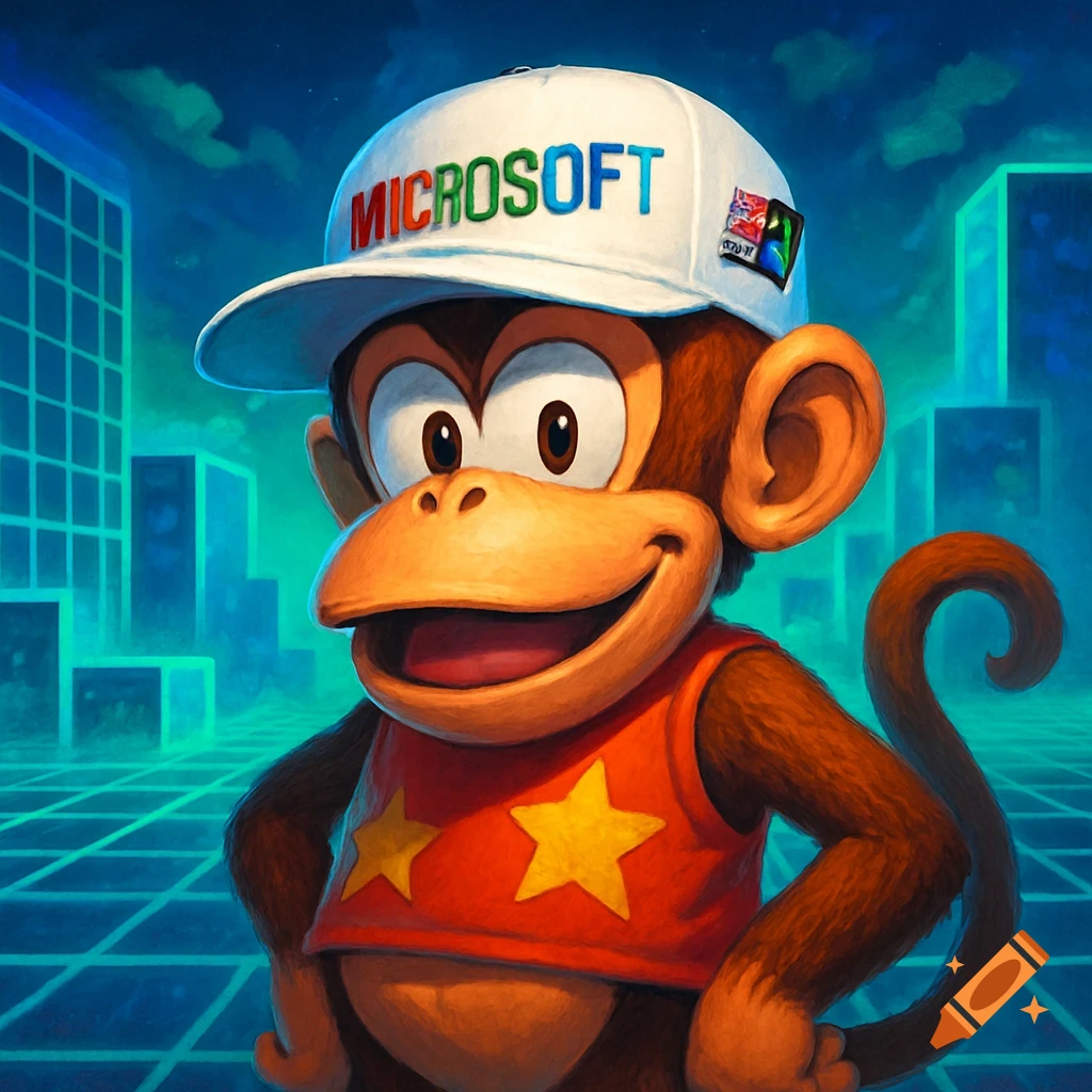 Diddy Kong in a white Microsoft cap and orange vest, standing in a futuristic blue grid city.