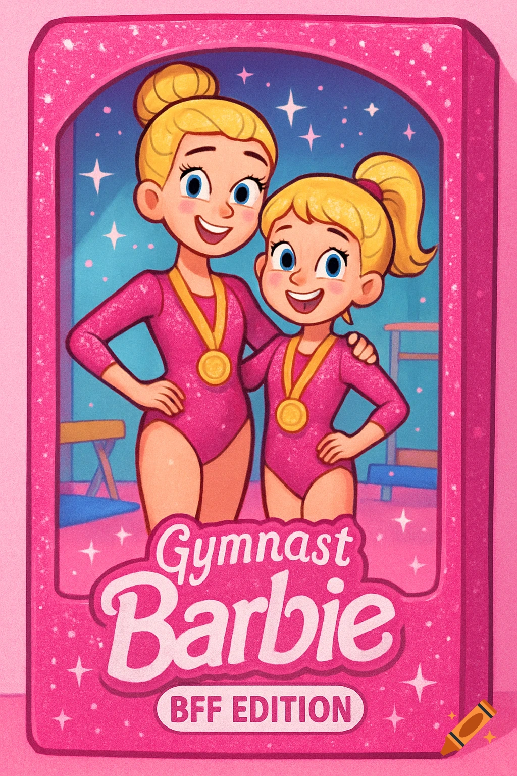 Two smiling blonde cartoon gymnast girls in pink leotards and medals inside a pink, glittery Barbie box. Text reads 'Gymnast Barbie BFF EDITION'.