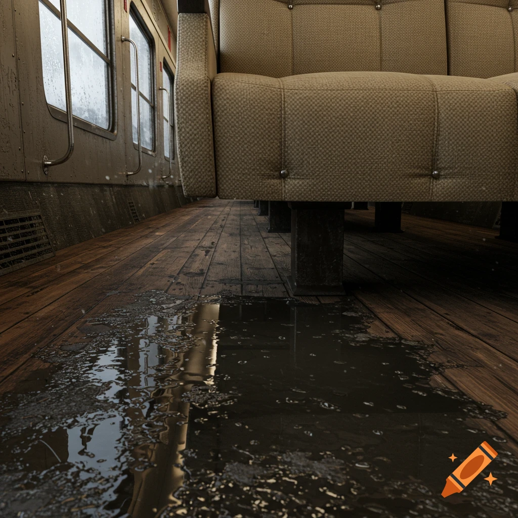 Photorealistic view inside a rainy train carriage with a large puddle on a wooden floor next to empty passenger seats.